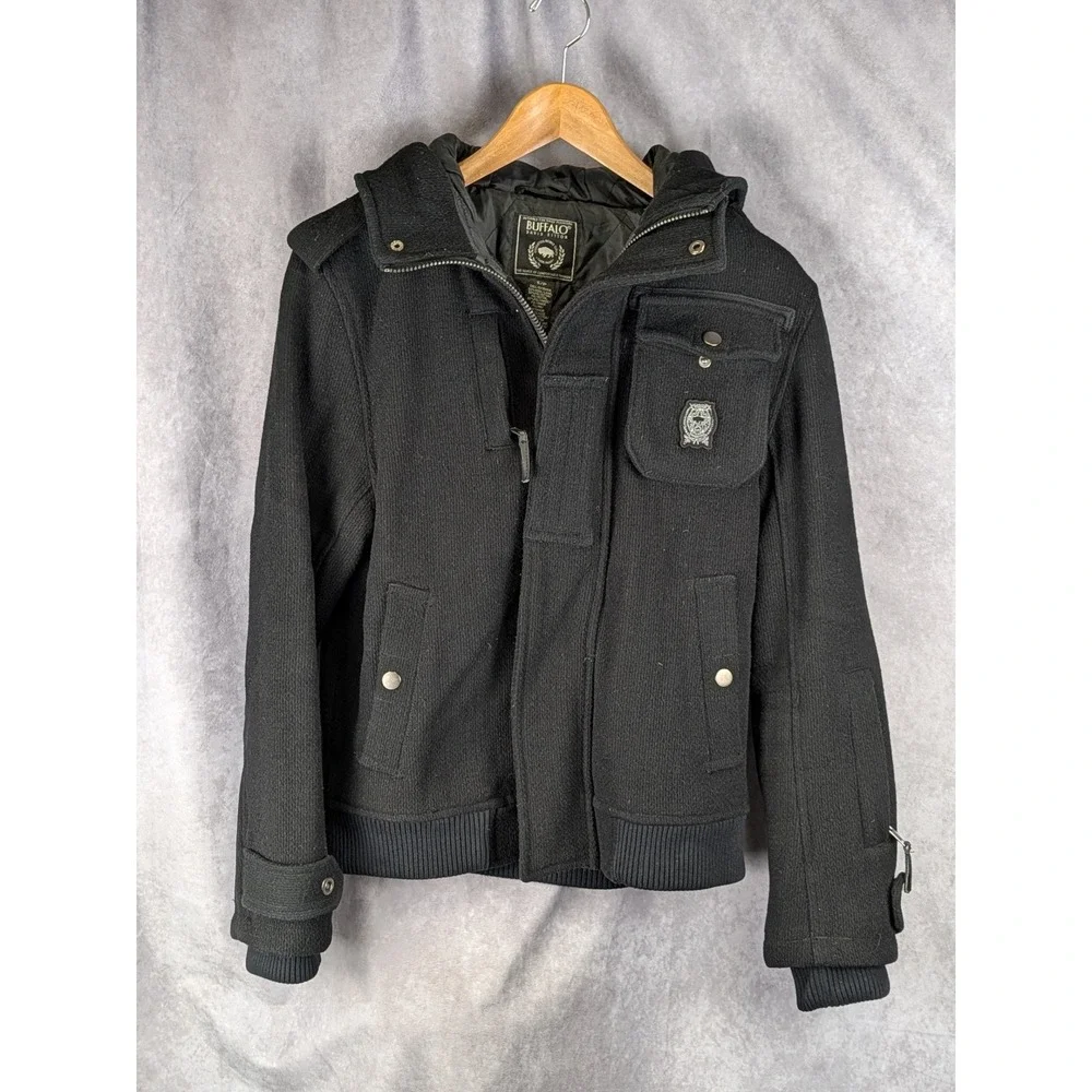 Buffalo David Bitton Mens Black Wool Blend Hooded Bomber Jacket Coat Small S/P